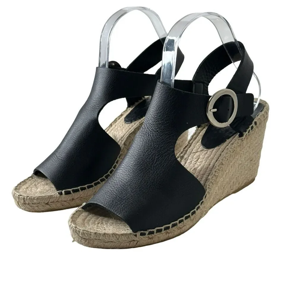 Via Spiga Nolan Black Leather Espadrille Wedge Sandal Women's Sz 8M $249MSRP